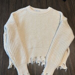 FAVLUX Cream Crew Neck Sweater with Distressed Hem
